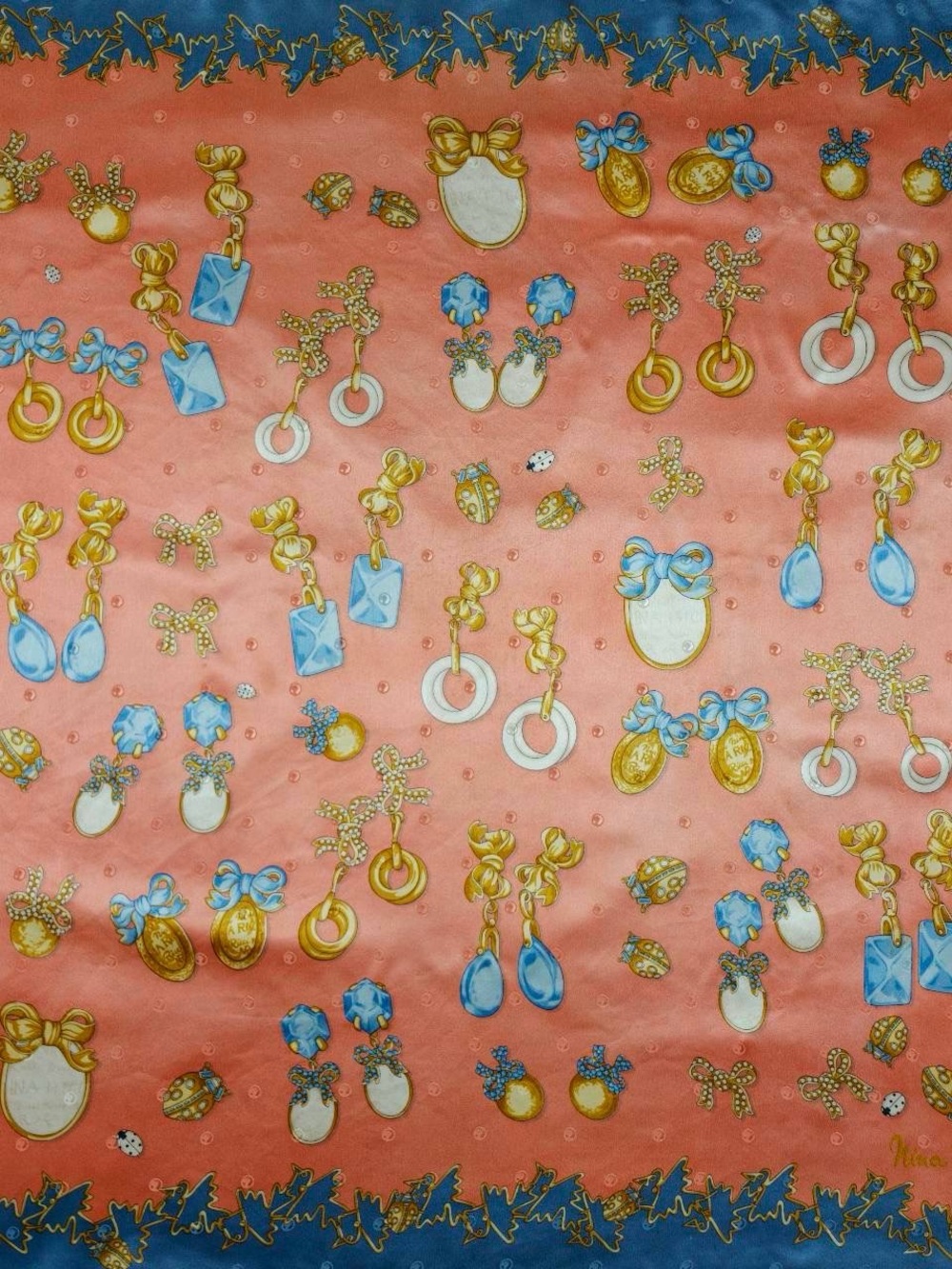 Nina Ricci Coral Scarf with Blue and Gold Jewelry Motifs
